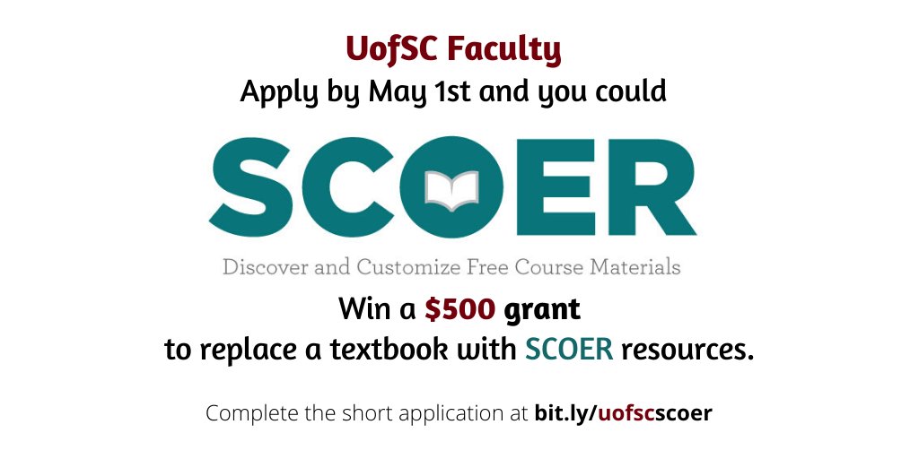 UofSClibraries's tweet photo. UofSC faculty:🗓️Deadline to apply for a #UofSCLibraries $500 SCoer grant to replace a textbook with free, openly-available resources is Friday, May 1.💵Save your students some money! https://t.co/OtXwsIv4rT https://t.co/06fVjkXN62