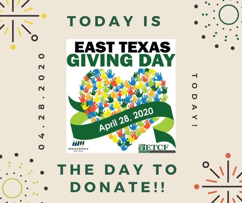 MealsWheelsET's tweet photo. Today is the day you can make a difference in East Texas!  Click on the link to give today or stop by our Tyler location at 3001 Robertson Road between 7am and 5pm @ETCFGives 
https://t.co/0DTyhMM9df https://t.co/CpOQCXsFBL