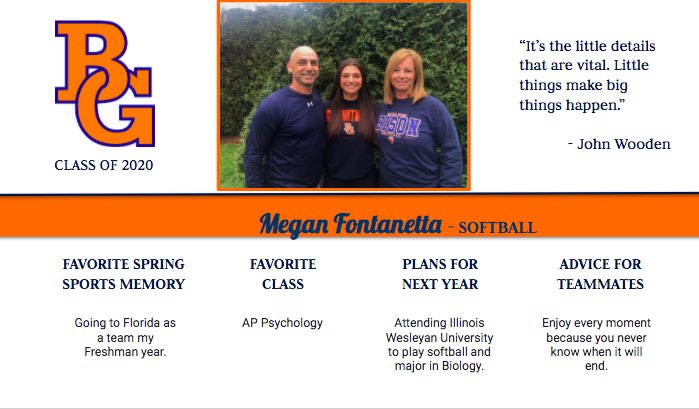 BG_Bison's tweet photo. Our first senior athlete recognized is Megan Fontanetta. Fight On! https://t.co/j5KVzgkKPw