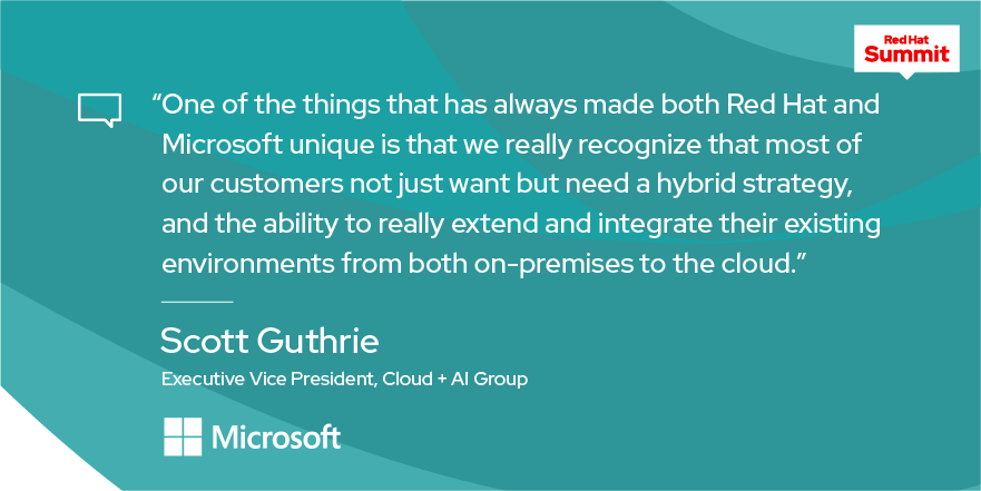 .<a href="/Microsoft/">Microsoft</a> and <a href="/RedHat/">Red Hat</a> are working together to bring customers cutting edge #opensource #technology and great user experiences. <a href="/scottgu/">Scott Guthrie</a> and <a href="/pauljcormier/">Paul Cormier</a> shares the #RHSummit main stage to discuss:  red.ht/33PDgrl