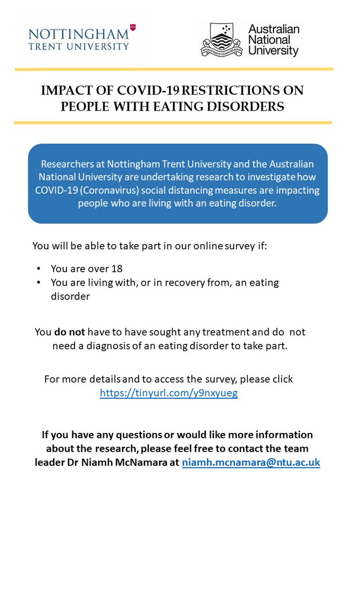 Can you help? We are conducting a research study to understand the impact of #COVID19 restrictions on people with #eatingdisorders incl their ability to stay connected. Access the survey at tinyurl.com/y9nxyueg Pls RT if you can