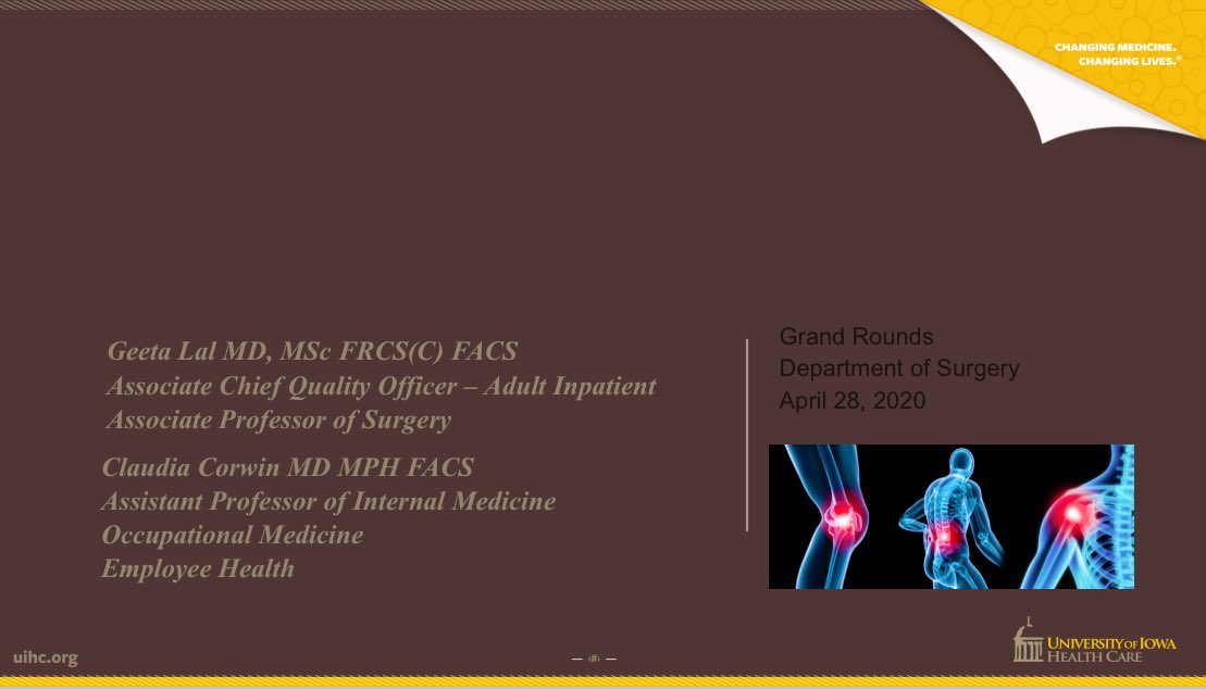 UIowa_Surgery's tweet photo. “Surgeons, Ergonomics and Work-related Injury”
Thank you to Drs Lal & Corwin for teaching us about surgeon health.
🤔How many surgeons out there can relate to the aches & pains from this physically demanding job?
#Ergonomics #SurgicalWorkforce #GrandRounds #Wellness https://t.co/YpwLIEyQSi