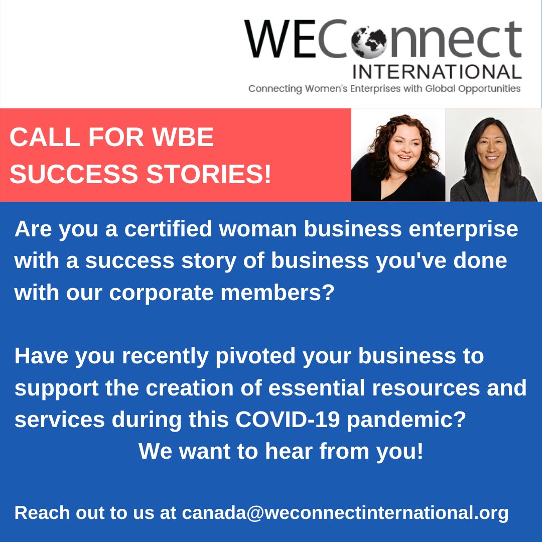 WEConnectCanad1's tweet photo. Are you a #certifiedwbe? Do you have a success story of business you've done with a corporate member? Or have you pivoted your business to offer essential services during #COVID19? We want to hear from you!
Check out other success stories here: https://t.co/jmbw5d4tRE https://t.co/vzdhifmcNS