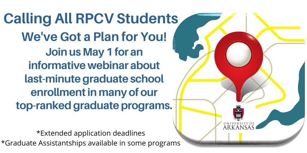 uarkgsie's tweet photo. Join us Friday for information on top-ranked graduate programs at a webinar designed specifically for Returning Peace Corps Volunteers who have been recalled from posts around the world due to COVID-19. Info link in profile. #RCPV #razorgrads https://t.co/DWdoOAUonY