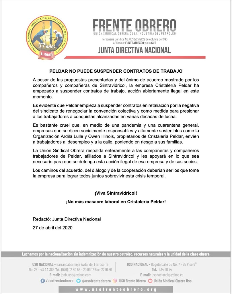 PalmaEdwin's tweet photo. Este es nuestro mensaje de solidaridad  con los compañeros de @Sintravidricol, víctimas de la agresión empresarial por parte de #Peldar. Los caminos del acuerdo, del diálogo y de la cooperación deberían ser los que tome la empresa para lograr todos juntos sobrevivir esta crisis. https://t.co/L8CrbKHcKZ
