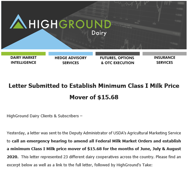 HighGroundDairy's tweet image. BREAKING NEWS:  Letter Submitted to USDA to Request Temporary $15.68/cwt Class I Milk Price Mover

@SecretarySonny @USDA @USDA_AMS 

Arbitrarily tweaking Federal Milk Market Order price formulas in a time of crisis is a dangerous precedent to set! 

tinyurl.com/yddbdjea