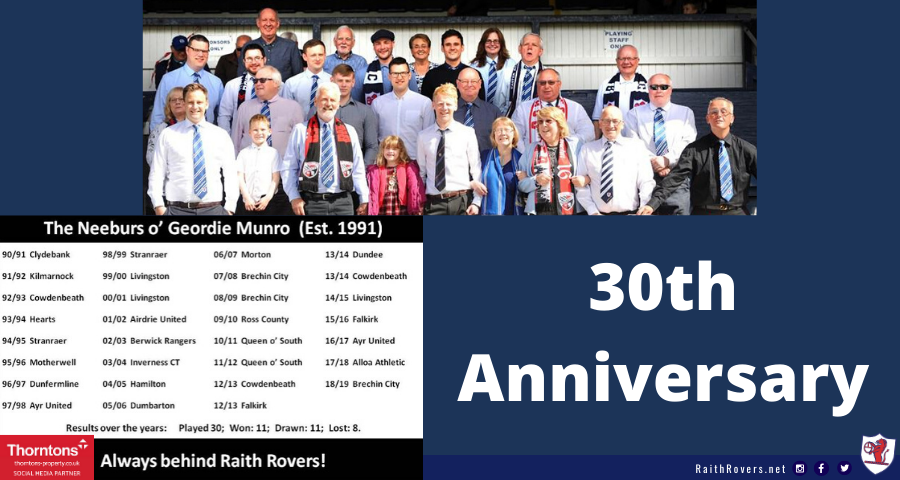 RaithRovers's tweet photo. Saturday's match was to be sponsored by Neeburs o’ Geordie Munro who sponsor the last home game of every the season.  This year they'd have been celebrating their 30th anniversary.
We thank them for their support &amp; look forward to having them back at Stark's next season! https://t.co/BdSDP55Cxv