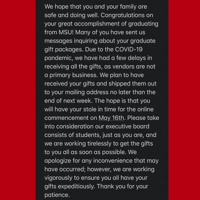 AACMSU's tweet photo. Goodmorning Grads! Please take the time to read this message! We hope you guys are staying safe! We are so proud of you! ❤️ https://t.co/EbWWBRuck4