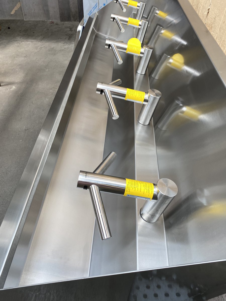 UnitechEngr's tweet photo. Hygienic contact-free sinks with Dyson wash and dry assemblies made for a large seafood processor. https://t.co/AXv1FApEN8