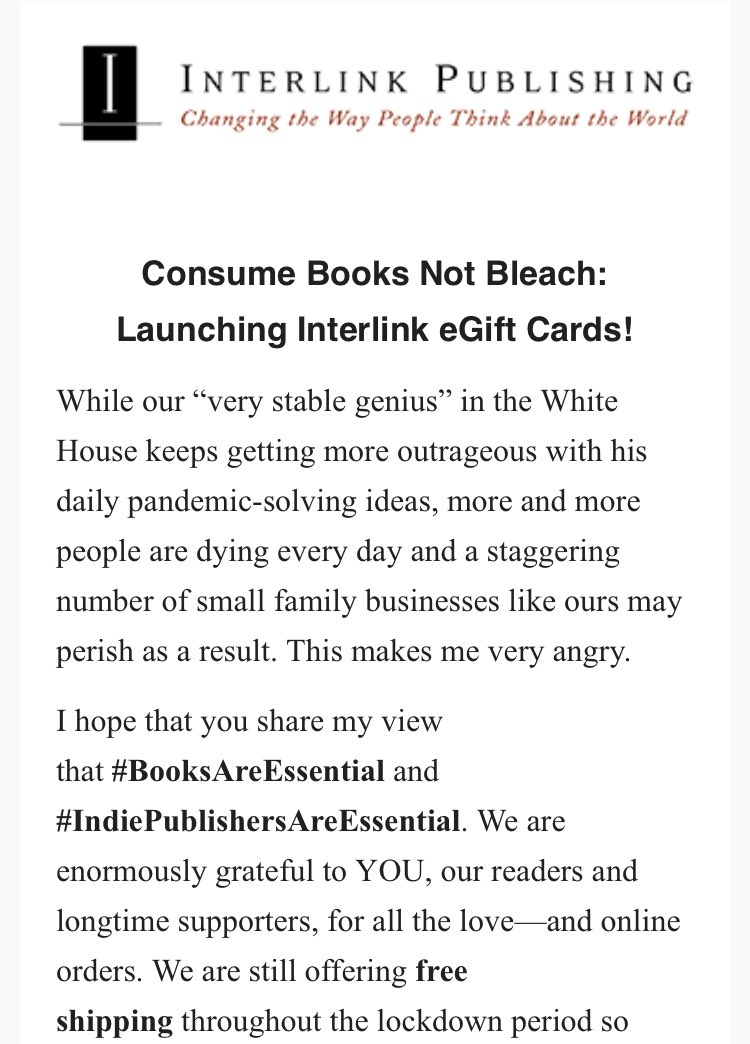 4noura's tweet image. Shout out to @InterlinkBooks for best email subject line this morn.             #ConsumeBooksNotBleach #ThisIs2020 #COVID19