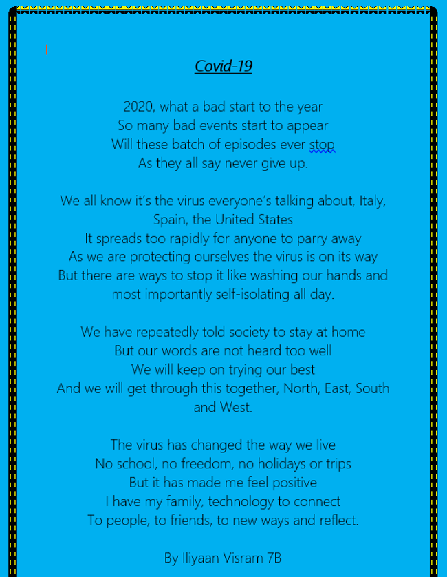 RooksHeath's tweet photo. Welll done Ilyan, Year 7 on creating such a touching poem at this time! An inspiration to us all to stay safe. Click to read. https://t.co/oRTYwuAN7I