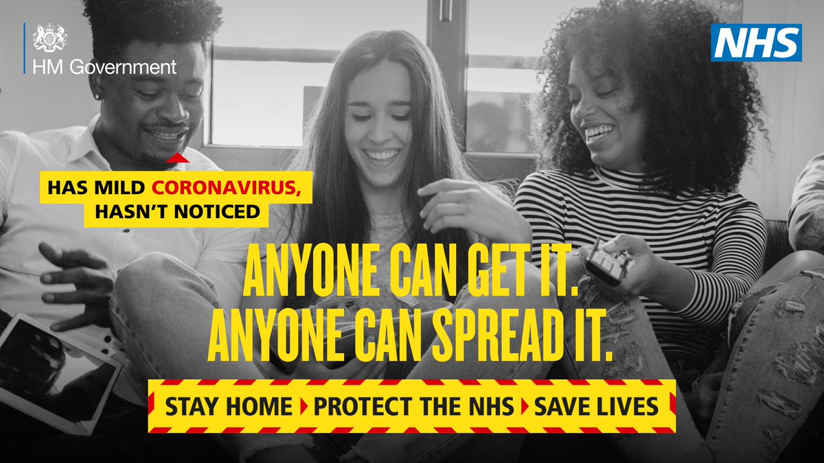 Anyone can get coronavirus and anyone can spread it. You must stay at home to protect the NHS and save lives: nhs.uk/coronavirus

#StayHomeSaveLives