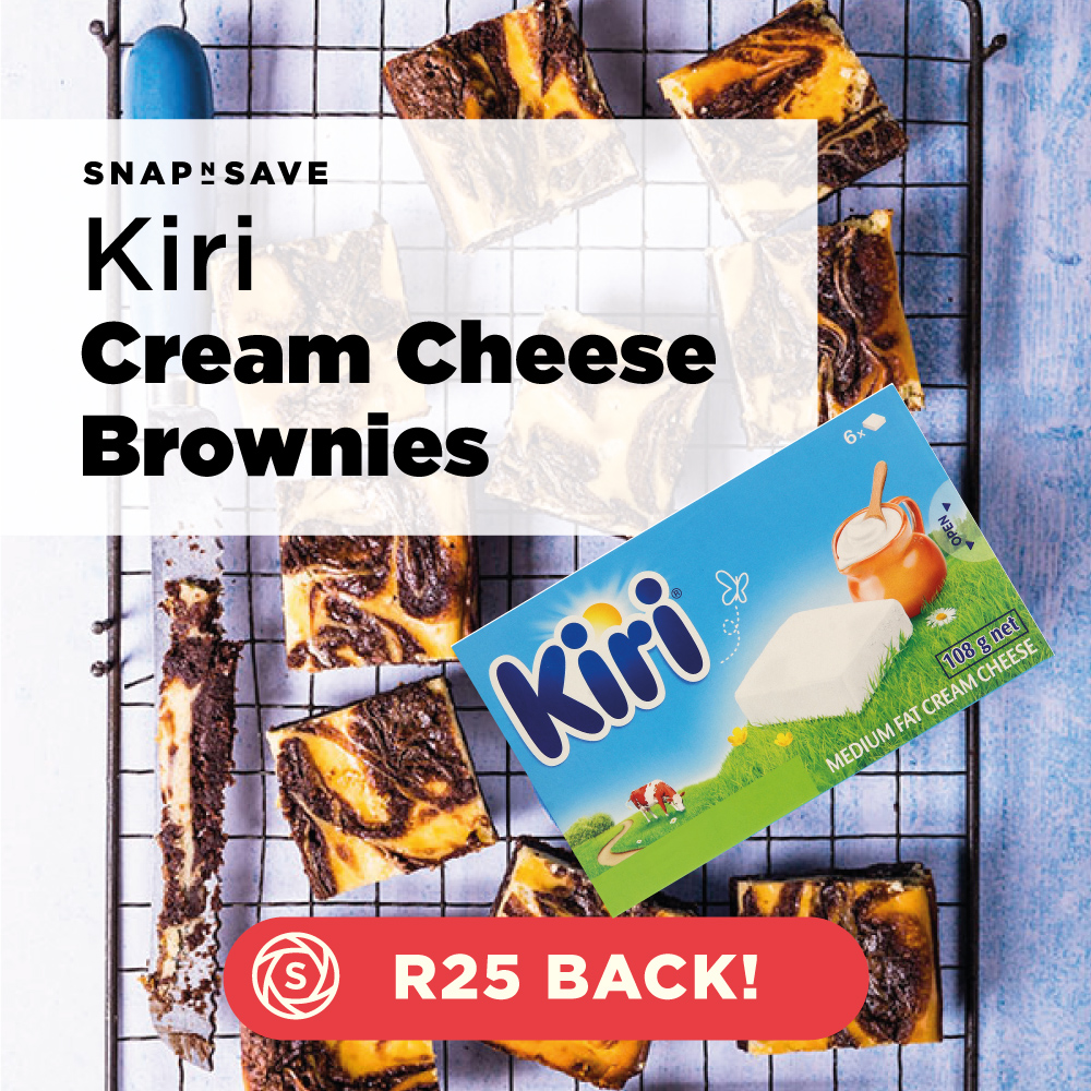 Treat time? Get the creaminess of cheesecake with the fudginess of a classic brownie and get up to R25 #cashback when you snap Kiri Medium Fat Cream Cheese on SnapnSave SA's #1 cash back coupon app: bit.ly/3bJt1cU
See recipe here: bit.ly/2yQOBhf