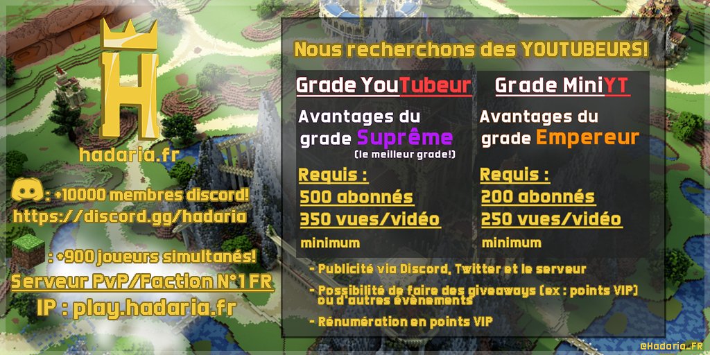 Hadaria_FR's tweet image. 📽 Hadaria recherche des Youtubeurs et des Mini-Youtubeurs !

➡ Si vous avez les critères demandés contacter @plalium en mp (Discord Plalium#0001)