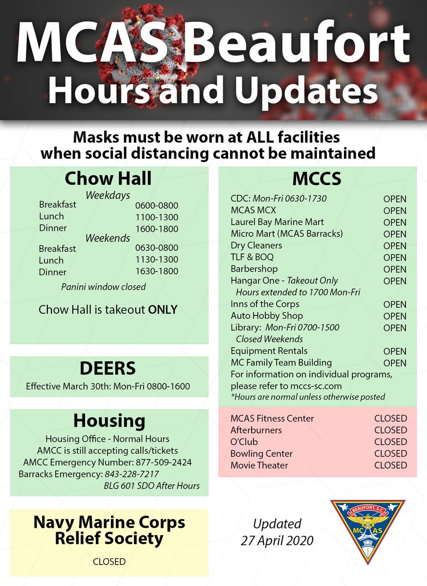 Mcas Beaufort On Twitter Please Refer To The Graphic Below For Updated Hours And Operations Of Various Base Facilities
