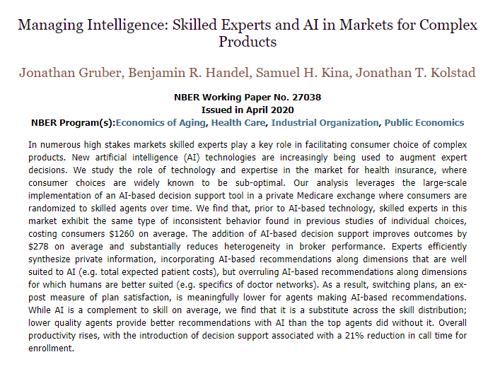 NBER (@nberpubs) on Twitter photo Insurance brokers make financial mistakes when recommending products. AI improves choices, saving consumers money. AI complements human skill and productivity is enhanced, from Jonathan Gruber, <a href="/BenHandel/">Ben Handel</a>, Samuel H. Kina, and Jonathan T. Kolstad nber.org/papers/w27038 Insurance brokers make financial mistakes when recommending products. AI improves choices, saving consumers money. AI complements human skill and productivity is enhanced, from Jonathan Gruber, <a href="/BenHandel/">Ben Handel</a>, Samuel H. Kina, and Jonathan T. Kolstad nber.org/papers/w27038