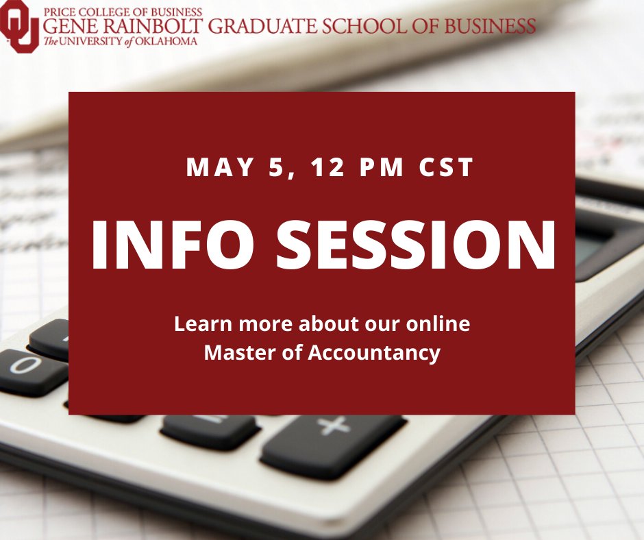 MAcc_OU_'s tweet image. Join us on May 5 at 12 p.m. CST for a free webinar on OU's online Master of Accountancy! This informational session is a great way to learn about our program and ask any questions you may have.

Sign up here: bit.ly/2SbpdJV