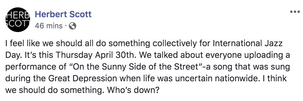 This Thursday is #InternationalJazzDay. <a href="/HerbScottJazz/">Herb Scott Music 🎷</a>  and <a href="/aaronmyers/">Aaron Myers</a> of the <a href="/CapHillJazzJam/">Capitol Hill JazzJam</a> are calling for musicians and fans alike to sing/play "Sunny Side of the Street" — who's in?