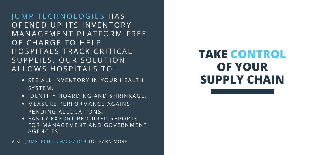 JumpTechNews's tweet image. If you haven't felt the full force of #COVID19 on your #hospitalsupplychain, it's time to get ahead of the curve. With free access to our platform, hospitals get full visibility into critical inventory in the warehouse and beyond. Learn more: Jumptech.com/covid19. #coronavirus
