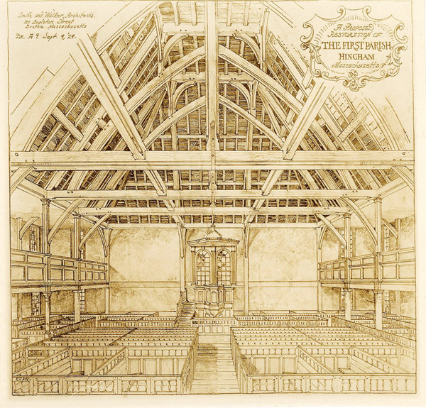 this is even more true of the interior: the roof is a complex piece of timber that recalls shipbuilding techniques and forms of medieval carpentry having a kind of strange last gasp in the New World, brought over by colonist carpenters