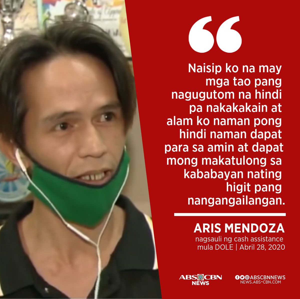 ABSCBNNews's tweet photo. Aris Mendoza surrendered to authorities the excess cash assitance he received from DOLE because he was concerned that some families need it more than he does. #COVID19Quarantine #COVID19 https://t.co/dHj8gkmFhM