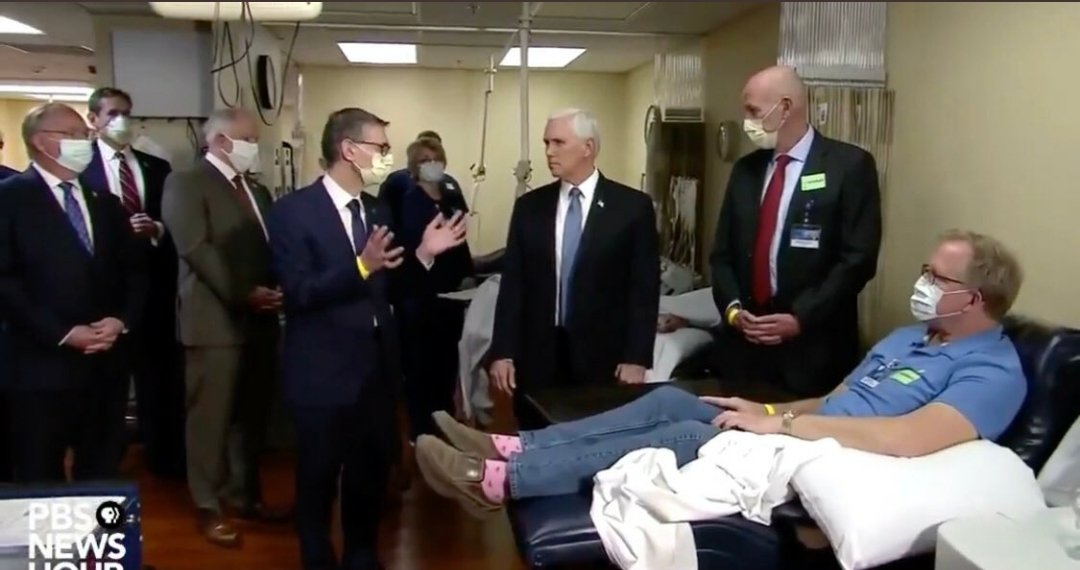 mmpadellan's tweet photo. Seeing Mike Pence without a mask at the Mayo Clinic, while every other human in the room wore one, and he was WARNED about the policy, tells you everything you need to know about WHY we have 1 million cases and over 57,000 dead. https://t.co/2JUkqi4Poj