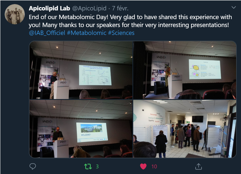 jlipidres's tweet photo. We recently organized a #metabolomics symposium @IAB_officiel, with a star-studded line up including @SodlatiLabToxo, Prof. Malcolm McConville @Bio21Institute, Dr. James MacRae @TheCrick, & @AnnieSPYang @Radboud_Uni! Thx again to all invited speakers! @CNRSinSingapore #GEMELI https://t.co/kUjmXadUfE