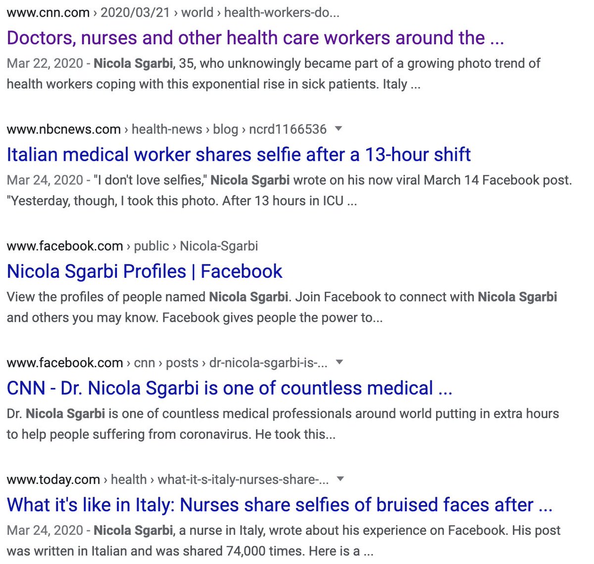 However, this photo in the article and tweet is embedded directly from the Facebook account of Nicola Sgarbi. A google search of his name tells us he’s an Italian doctor whose photo has been circulating among other healthcare workers’ who are fighting coronavirus.