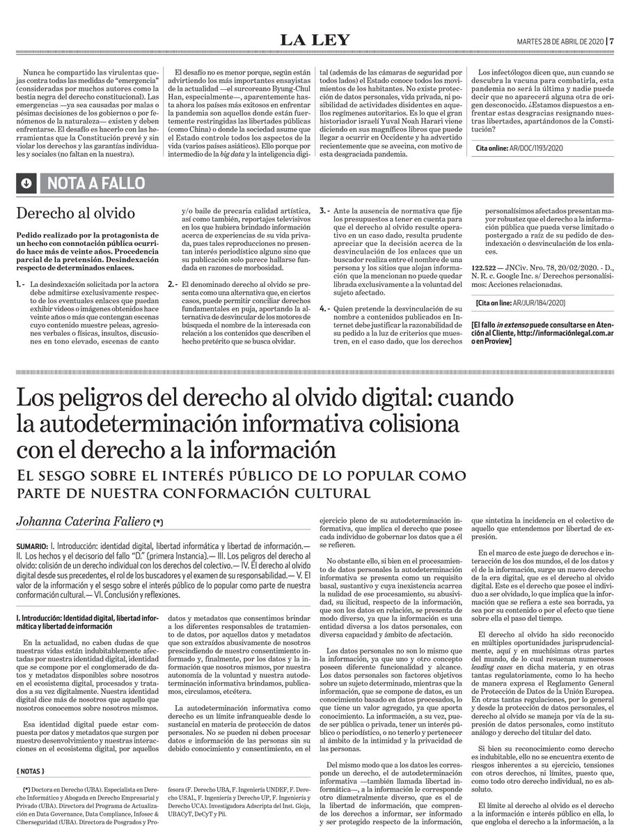 JoyCfTw's tweet image. #AbroHilo! Hoy salió publicado: &quot;Los peligros del #DerechoAlOlvido digital: cuando la #AutodeterminaciónInformativa colisiona con el #DerechoalaInformación. El #sesgo sobre el #InterésPúblico de lo popular como parte de nuestra conformación cultural&quot; Cita online: AR/DOC/653/2020