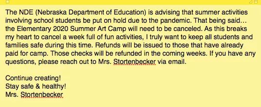BULLETIN: The Gothenburg Elementary School summer art camp has been cancelled. Read more in this graphic. Thanks.