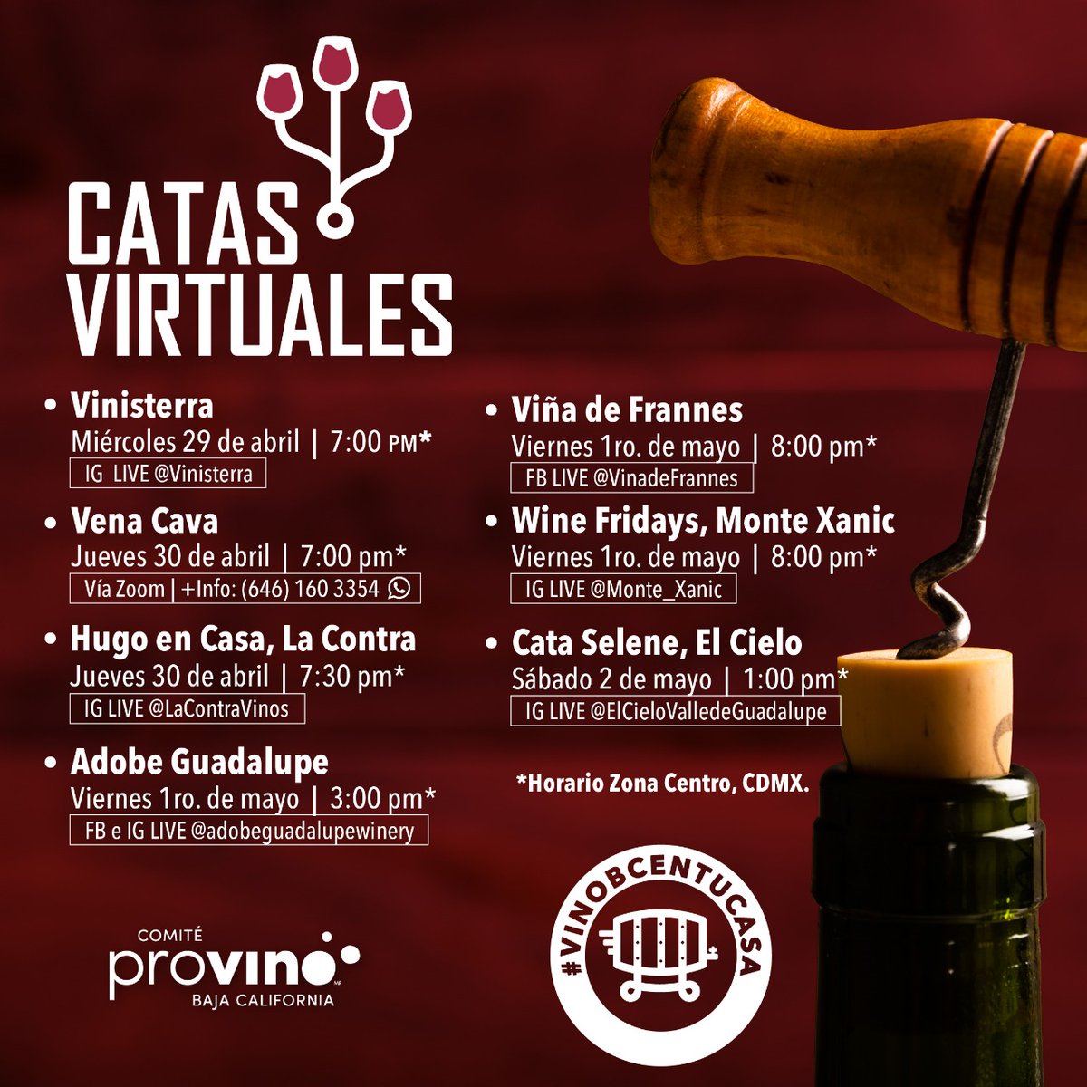 ¡Cada ves son mas vinícolas las que se suman a impartir catas y charlas virtuales! 
<a href="/VinisterraVit/">Vinisterra</a> <a href="/venacavavinos/">Vena Cava Vinos</a> <a href="/VinosLaContra/">La Contra</a> <a href="/adobeguadalupe/">Adobe Guadalupe</a> <a href="/Monte_Xanic/">Monte Xanic</a>  <a href="/VinosElCielo/">Vinos El Cielo</a> 

#VinoBCentuCasa #ValleBCenCasa #ProvinoBC #quédateencasa #vinomexicano