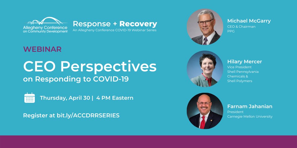 AlleghenyConf's tweet photo. Coming this Thursday, 4/30 @ 4 p.m. -- CEO Perspectives on Responding to #COVID19. Hear from CEO Michael McGarry of @PPG, VP Hilary Mercer of @Shell_PAChem + #ShellPolymers and President Farnam Jahanian of @CarnegieMellon. 

Register: https://t.co/4iJTQdO3Hq https://t.co/GZbWKam7pN