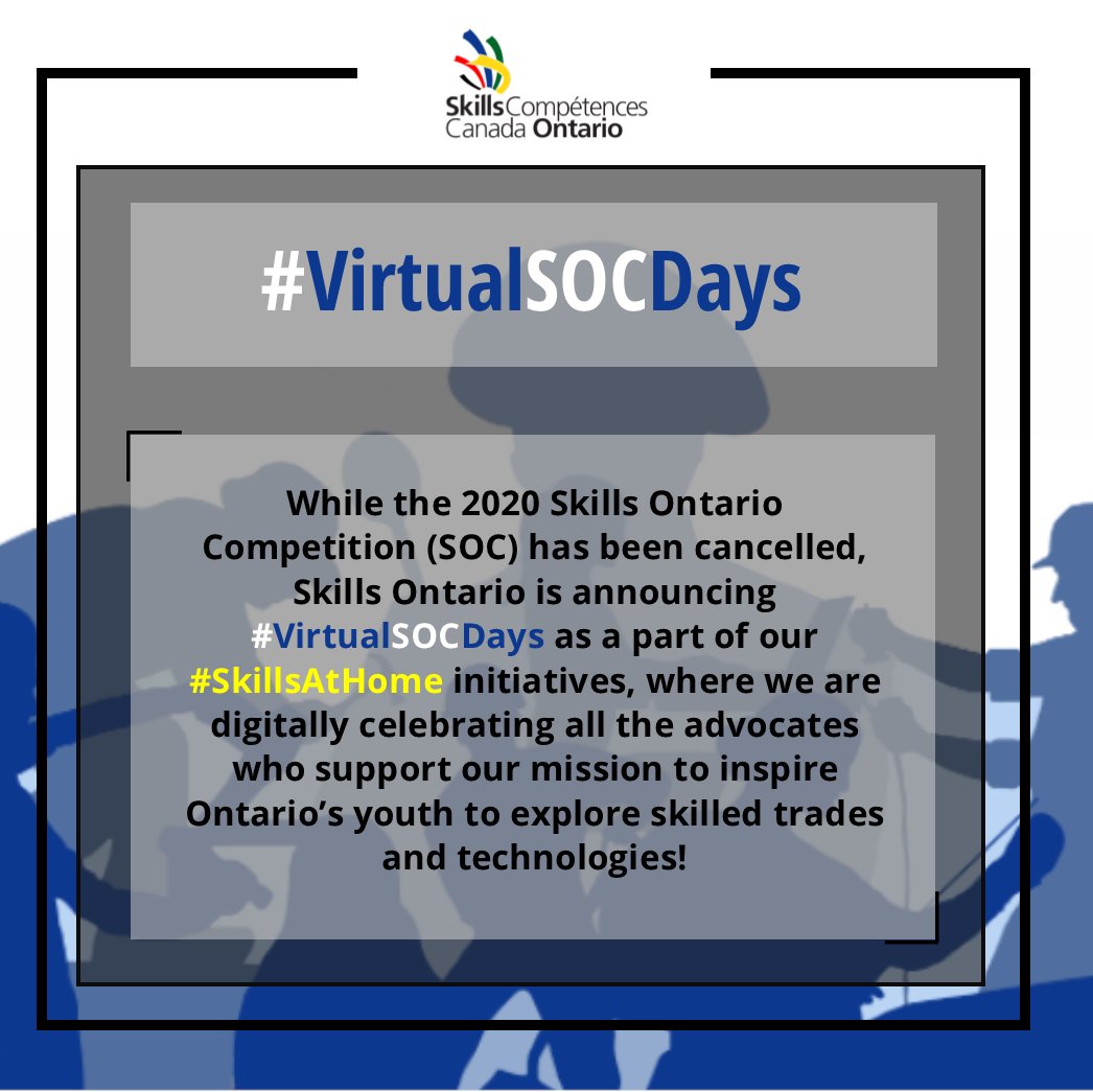 While the 2020 Skills Ontario Competition has been cancelled, Skills Ontario is thrilled to announce #VirtualSOCDays, where we will digitally celebrate all the advocates who support our message to inspire Ontario’s youth, up to May 6th! #ThankYou! #SkillsAtHome