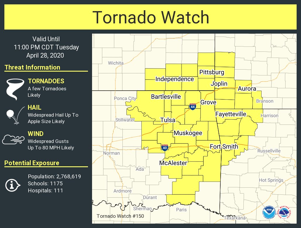 A tornado watch has been issued for parts of Arkansas, Kansas, Missouri and Oklahoma until 11 PM CDT