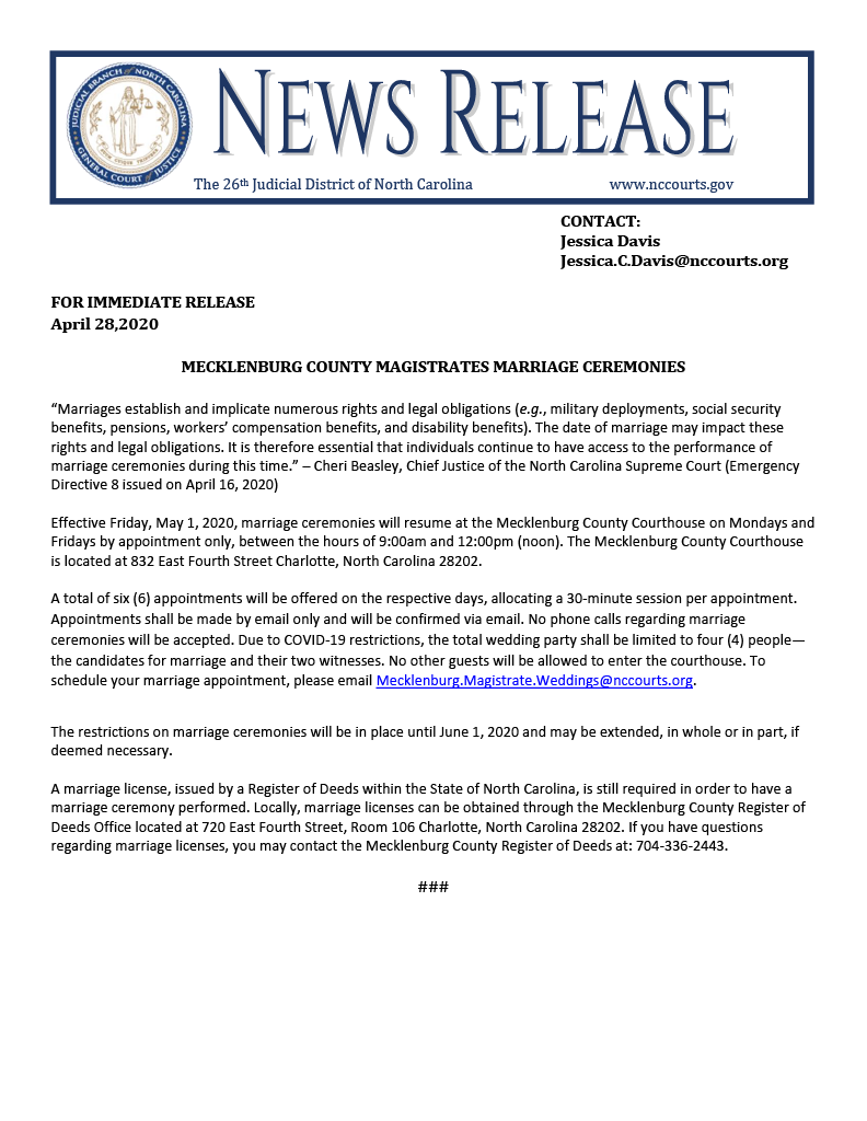 MeckCourts's tweet photo. Update regarding Magistrate marriage ceremonies in Mecklenburg County. https://t.co/Pgm8ZdfgIq