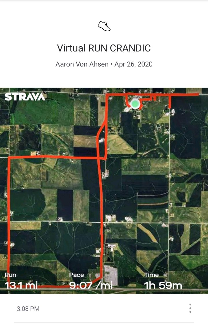 HawkeyeSchlitz's tweet photo. Had to hold back a bit (Achilles Tendonitis 😖👎) so I didn't make my goal time, BUT I'm just glad I was able to finish my  #virtualRUNCRANDIC ..Already looking forward to next year! 🏃🏼‍♂️ @runcrandic https://t.co/n8SbYeTldP