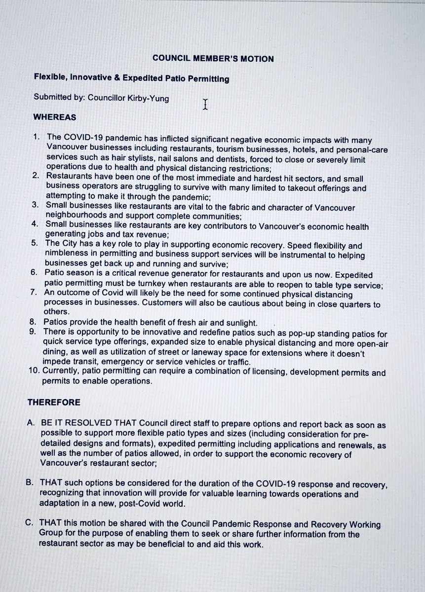 I’m bringing Flexible, Innovative &amp; Expedited Patio Permitting motion to Council today to look at opp for more flexiible &amp; creative patios &amp; more open-air dining to support our #restaurant sector. They’re in a world of hurt &amp; need help to survive and recover. #smallbusiness
