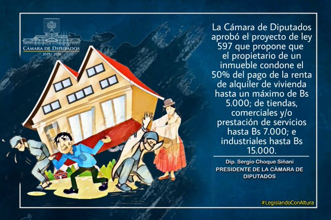rtp_bolivia's tweet photo. Diputados aprueban Ley que condona 50 % de alquileres, ahora pasa al Senado.
Beneficiará a quienes pagan hasta Bs 5.000 para viviendas, Bs 7.000 para comercios, Bs 15.000 para industrias y se excluye a quienes tienen una remuneración fija mensual. https://t.co/atKBWgS6pV