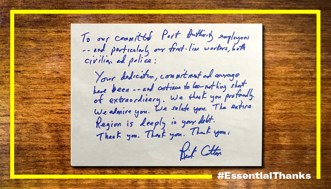 PANYNJ's tweet photo. Dedication to service. It’s a hallmark of Port Authority employees. And now more than ever, it is nothing short of extraordinary. An #EssentialThanks from Exec Dir Rick Cotton to our employees for their unwavering commitment. https://t.co/CrB7kGowZ1