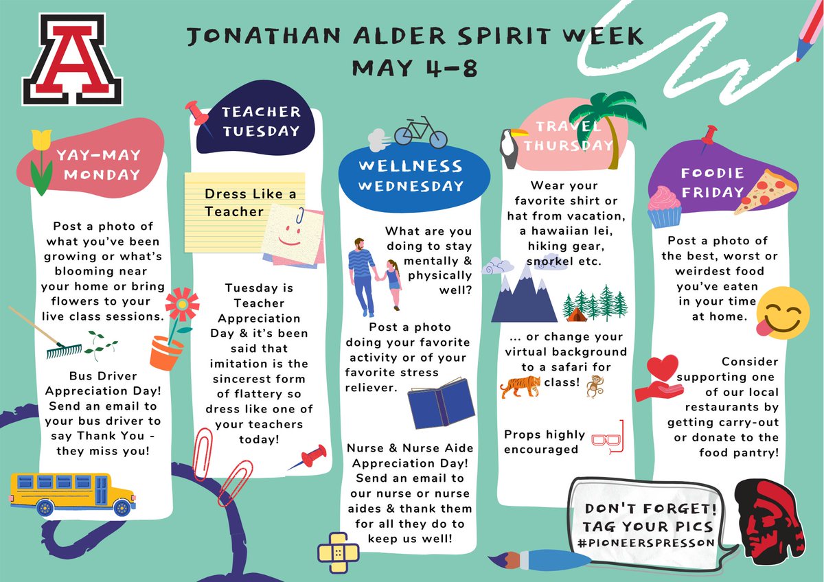 Next week, we're kicking off the last month of school with a District-wide Spirit Week! Time to start planning and getting your outfits and photos ready 🌄🎨🤠🍪🚵‍♀️⛺️🐘👩‍🏫  #PioneersPressOn #japioneerpride <a href="/PCElementary/">PlainCityElementary</a> @MonroeElementar <a href="/MrKeller1/">Matt Keller</a> <a href="/AlderJHS/">AlderJHS</a> <a href="/AlderHS/">Jonathan Alder HS</a> <a href="/JAHS_News/">The Pioneer Press</a>