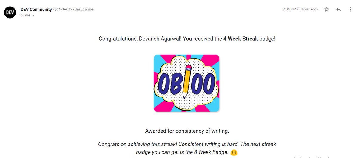 Dev_Ag_'s tweet photo. Got my first badge on #DEVcommunity! "The 4 Week Streak" Badge.
A big shout-out to @bendhalpern, @jessleenyc, and @thepracticaldev for making this wonderful platform available for professionals as well as aspiring engineers to share their knowledge and contribute to the community https://t.co/OBBeklTSe1