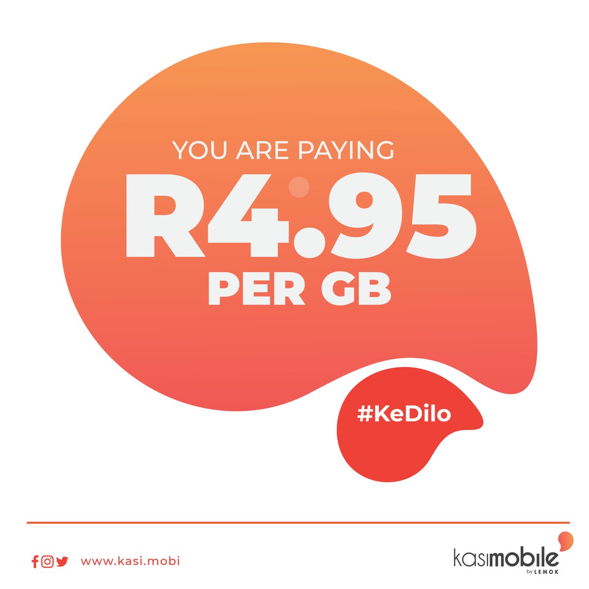 Time to say "ta-ta" to expensive data. Introducing Kasi Mobile's 10+10GB package for only R99 per month. No contract. No hassles. 

We are launching in June 2020. 
#KeDilo