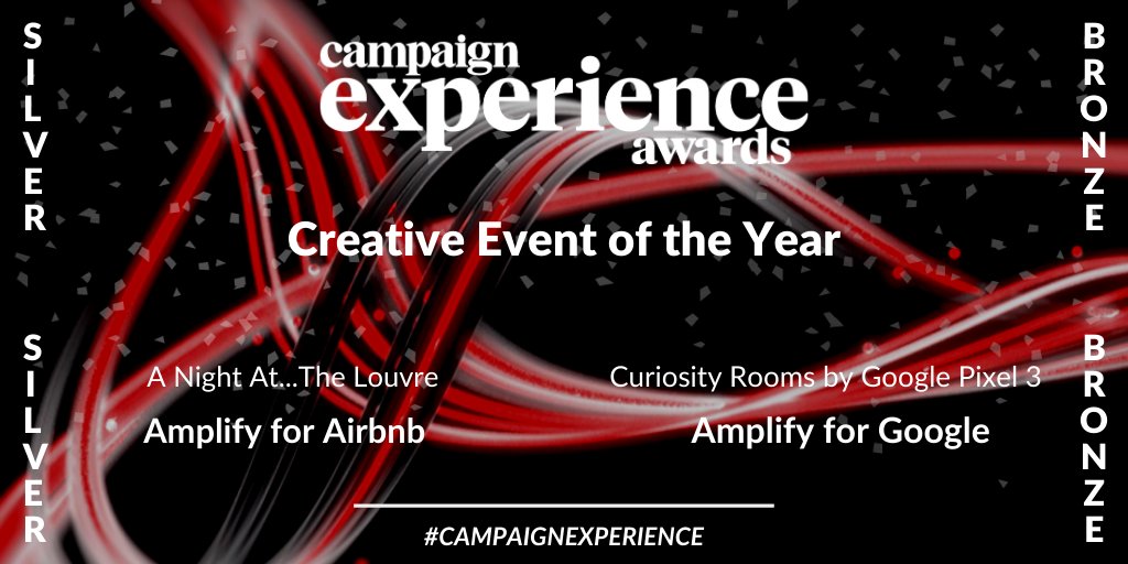 Campaign Experience Awards (@cxexperience) on Twitter photo Congratulations to the Silver award winner <a href="/weareamplify/">We Are Amplify</a> with <a href="/Airbnb/">Airbnb</a> for ‘A Night At...The Louvre’ & our Bronze award winners <a href="/weareamplify/">We Are Amplify</a> with <a href="/Google/">Google</a> for ‘Curiosity Rooms by Google Pixel 3’ in the Creative Event Team of the Year category #CampaignExperience Congratulations to the Silver award winner <a href="/weareamplify/">We Are Amplify</a> with <a href="/Airbnb/">Airbnb</a> for ‘A Night At...The Louvre’ & our Bronze award winners <a href="/weareamplify/">We Are Amplify</a> with <a href="/Google/">Google</a> for ‘Curiosity Rooms by Google Pixel 3’ in the Creative Event Team of the Year category #CampaignExperience