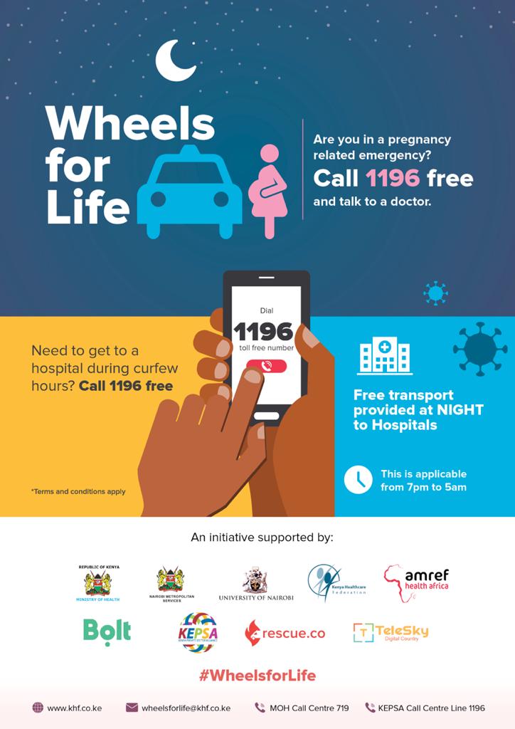 #WheelsforLife ensures pregnant women can reach hospitals during the #COVID19 curfew period by providing free medical advice & transport.

DIAL toll free line 1196 in Nairobi County for starters. 
DETAILS: wheelsforlife@khf.co.ke / khf.co.ke
#ZeroMaternalDeaths