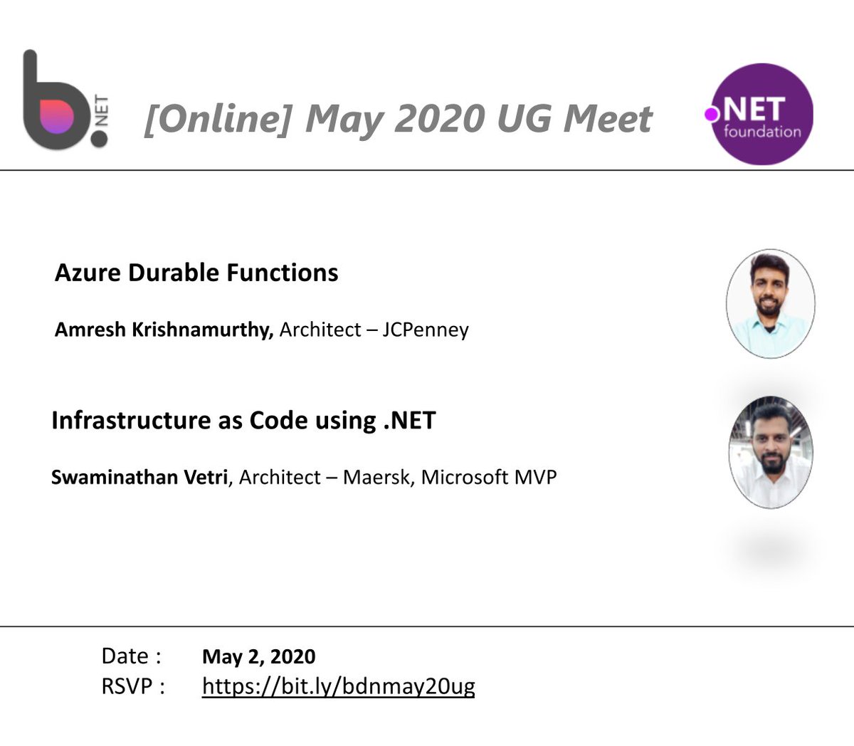 svswaminathan's tweet image. Join us (me and @amreshkris) at #bdotnet #virtual #meetup on May 2, 2020 to learn about #durable @AzureFunctions &amp;amp; #infrastructureascode using @dotnet with @PulumiCorp . #azurefunctions #serverless #iac 
RSVP : bit.ly/bdnmay20ug
