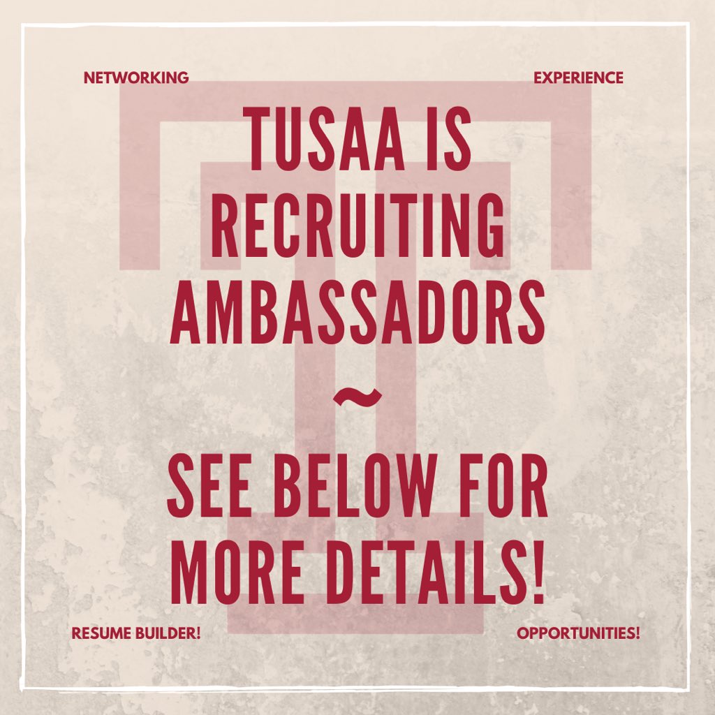 Hello all! We at TUSAA hope that everyone has been keeping safe and healthy. This is a reminder that ambassador positions are still open for anyone interested. If you want to help contribute in creating a better Temple experience campus-wide, check us out! #templealumni #tusaa