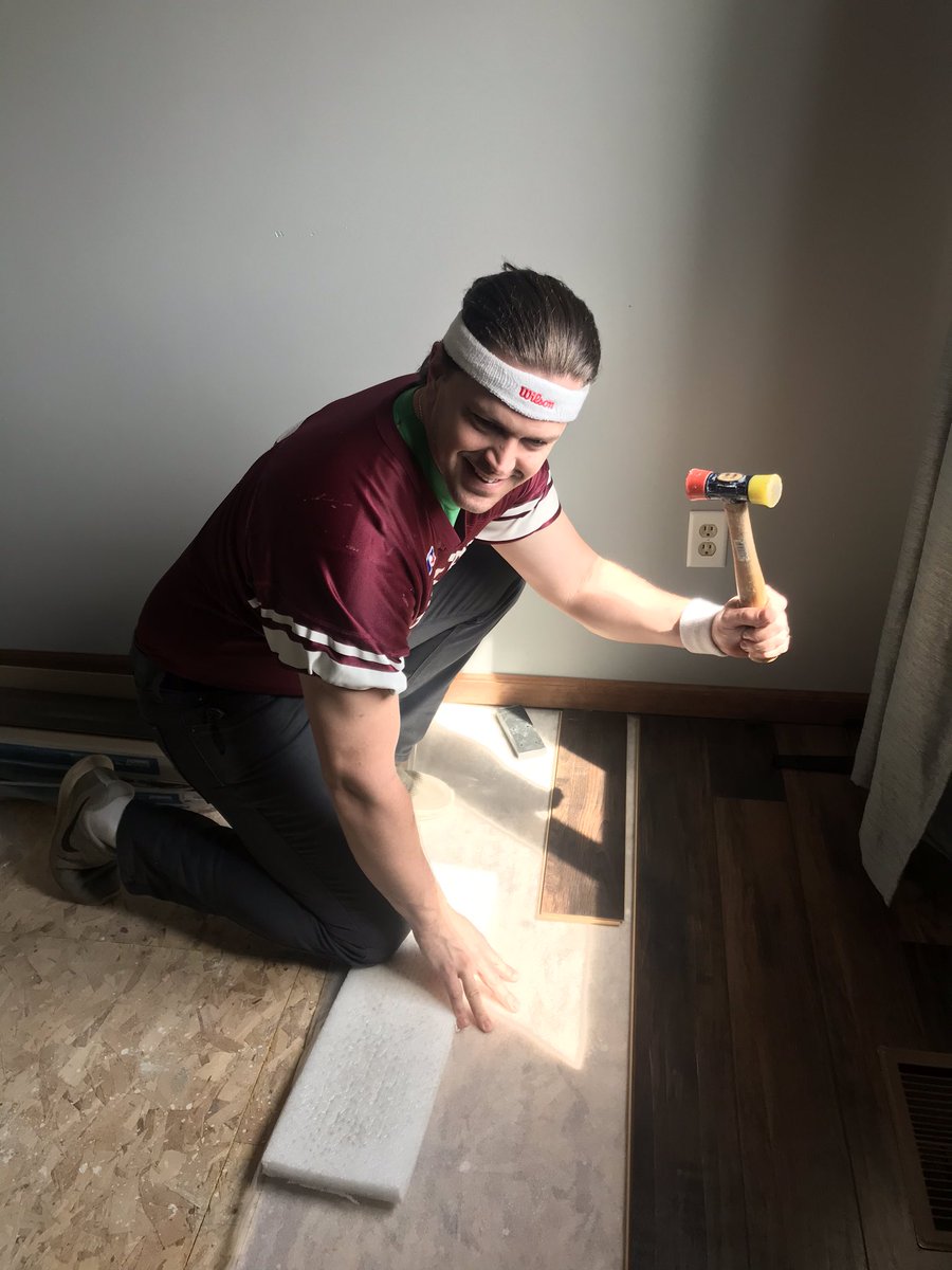 Mrs_Wise's tweet photo. Productive day so far. Kirk(the cat) had a stand off with a squirrel on top of the fence. Kids finished homeschool with no tears. @golden_tenor is making progress on the bedroom floor and having fun with it! #happytuesday #myquarentinelife https://t.co/DJVbi28bmi