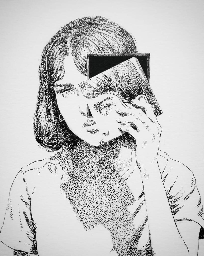MilesJohnston's tweet image. Ink drawing from today. Wanted to mess around with the character interacting with the surface of the drawing. I like that she is implied 3d by the hand and 2d from the way she can remove a slice of the image, and the way those two elements don't quick make sense together.