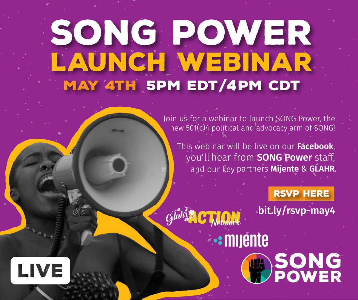 songpowerc4's tweet image. ¡Acompáñanos el 4 de mayo de 2020, de 5 pm hora del Este/4 pm hora Central, para un webinar en el que anunciaremos SONG Power, el nuevo brazo político y de defensoría de SONG! Este webinar será en vivo en nuestra página de Facebook. #SONGPower

RSVP: bit.ly/rsvp-may4