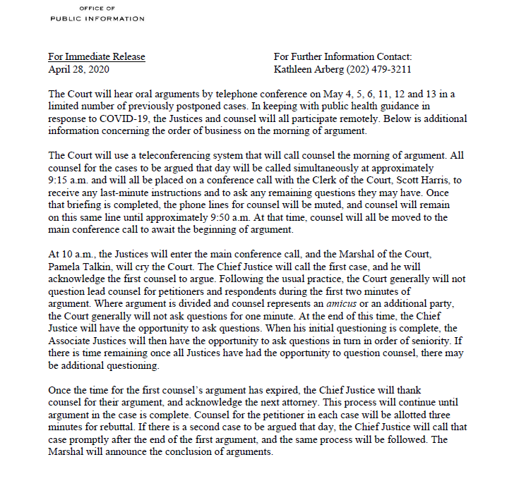 KimberlyRobinsn's tweet photo. NEW: #SCOTUS notes procedures for historic telephone arguments beginning May 4. https://t.co/y8bVQEIAoK